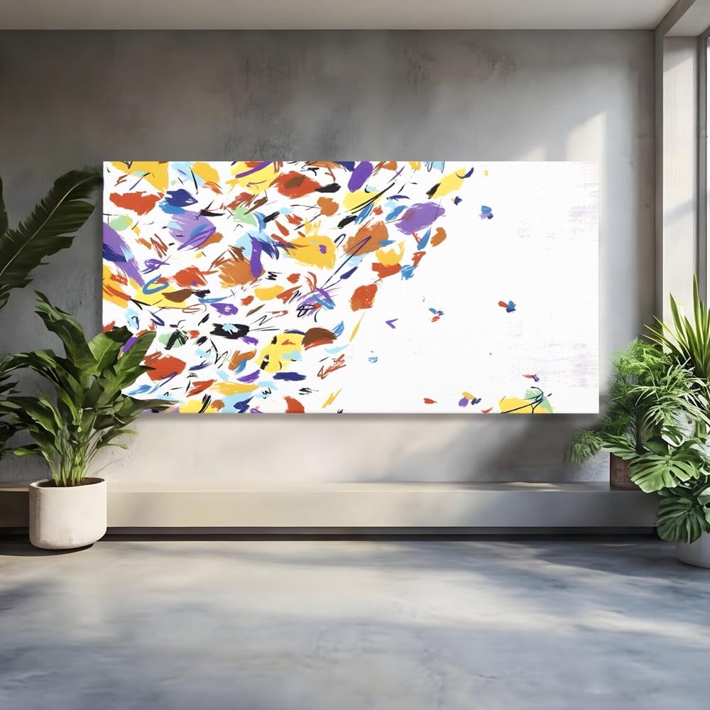 Tablou canvas cu pictura abstracta cu frunze colorate, fara rama, pe sasiu de lemn